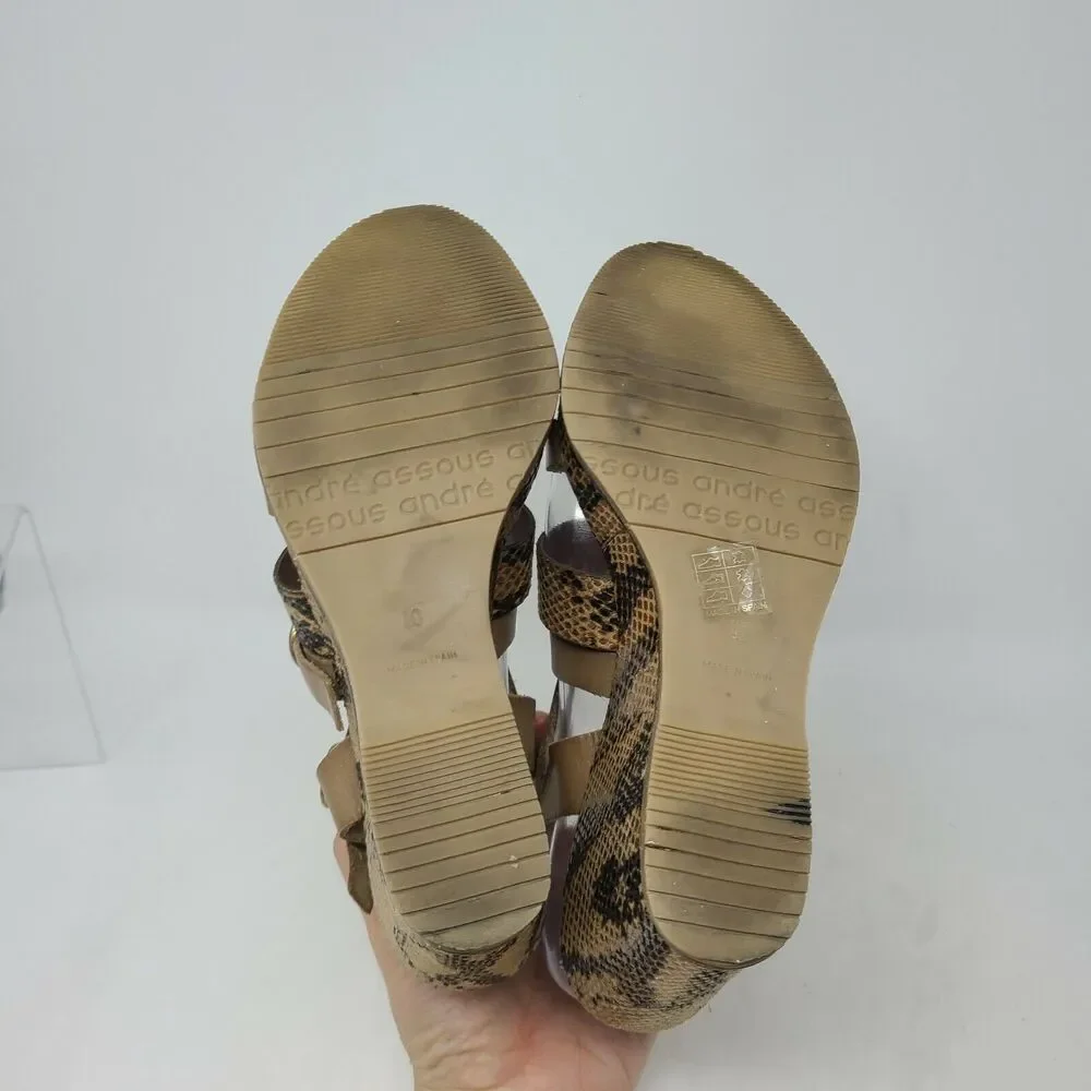 Andre Assous Spain Leather Stappy Sandal Snake Print Brown Tan Wedges Size 10